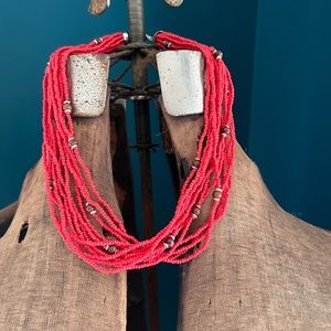 Stunning Vintage 12-Strand Coral Seed & Wood Bead Necklace, Sterling Clasp